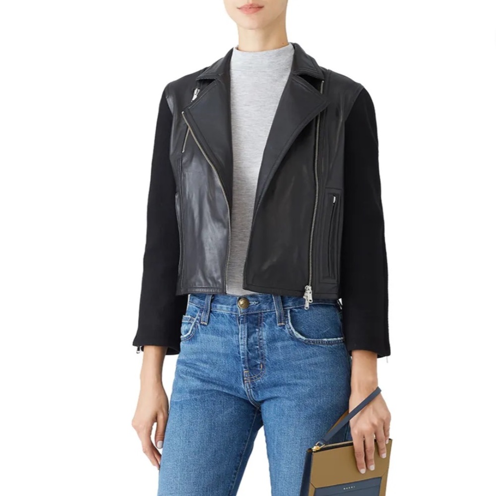 KAUFMANFRANCO Leather Wool Cropped Moto Jacket Size Large L Runs Small M